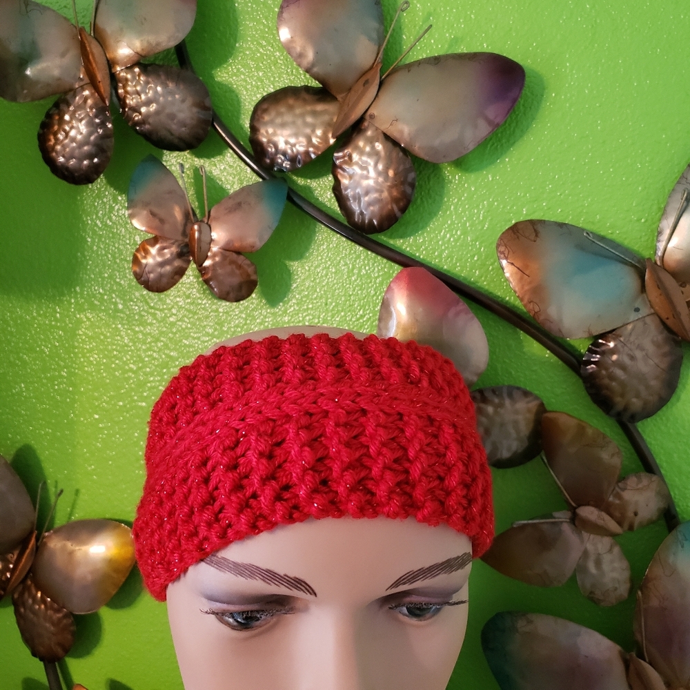 Handmade Knit Red Sparkly Earwarmer Headband